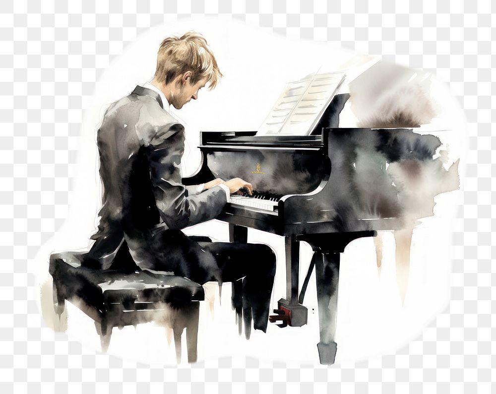 PNG watercolor illustration of Pianist, isolate illustration on paper --ar 3:2