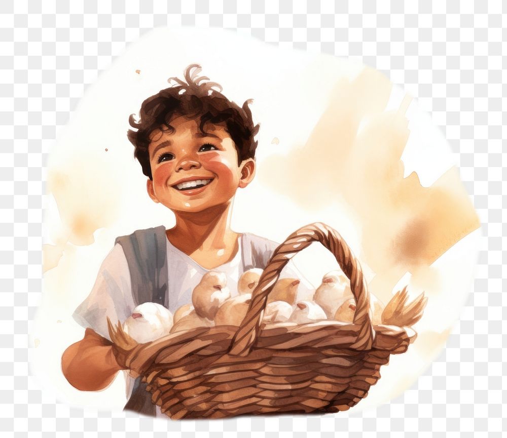 PNG Hand-drawn, watercolor illustration of happy Latin American boy collecting eggs in a basket, off-white background, 8K -…