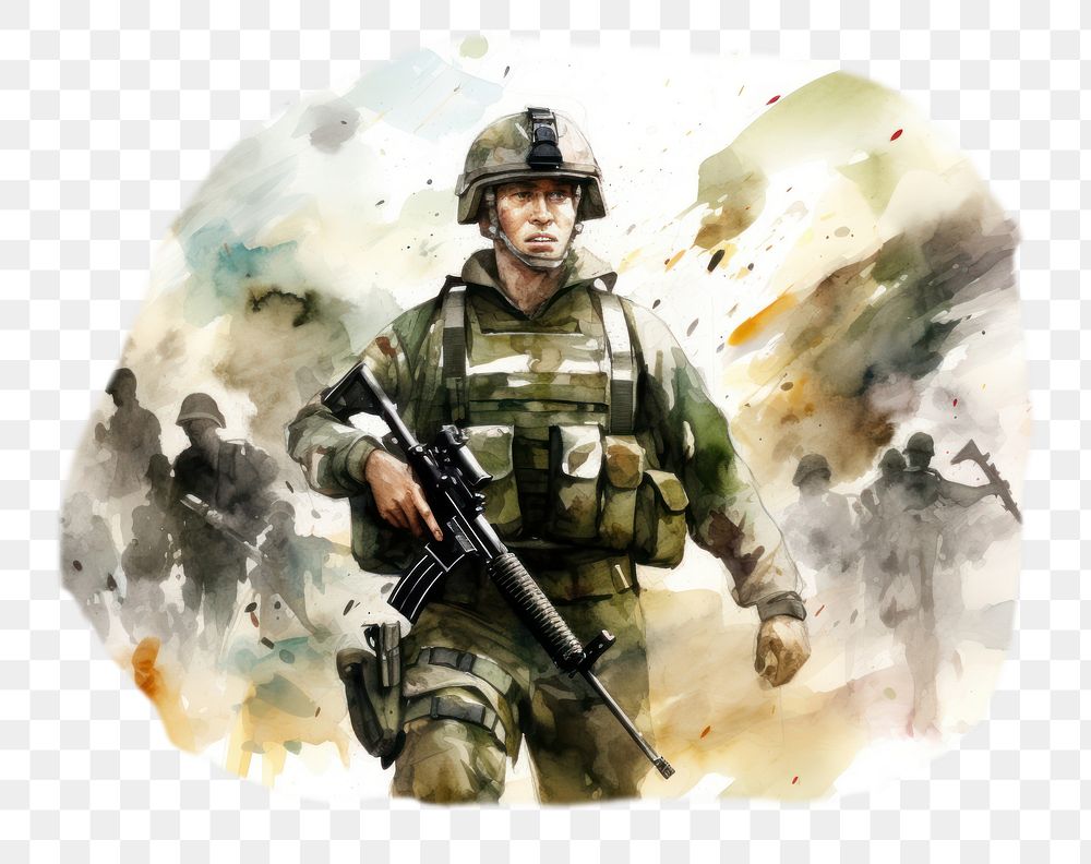 PNG Hand-drawn, watercolor illustration of Solider protecting his troops, off-white background, 8K --ar 3:2
