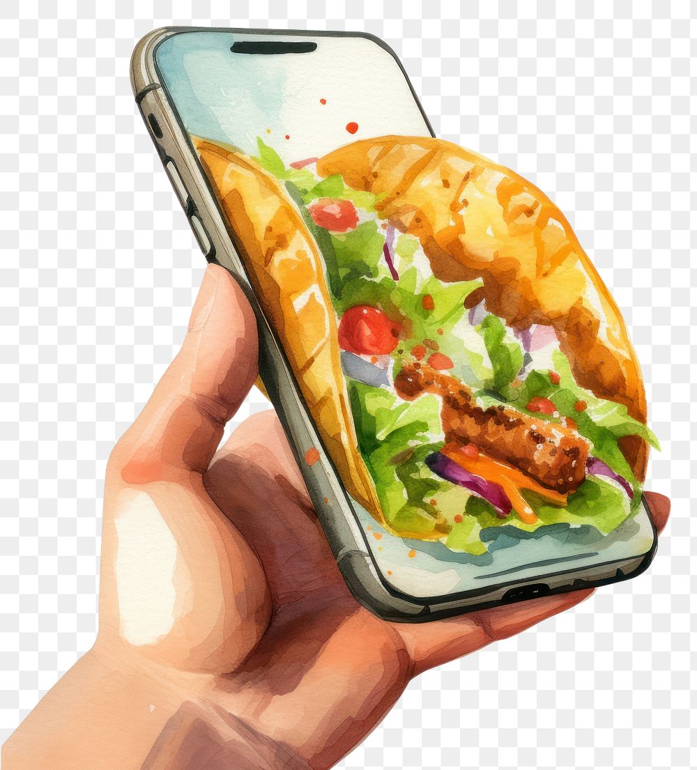 PNG Holding phone food hand. 