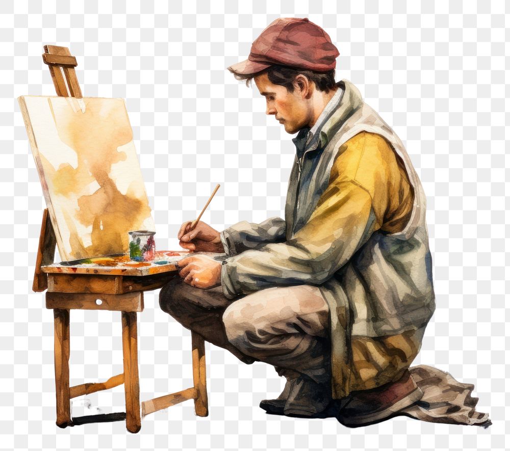 PNG Painting drawing sitting painter. AI generated Image by rawpixel.