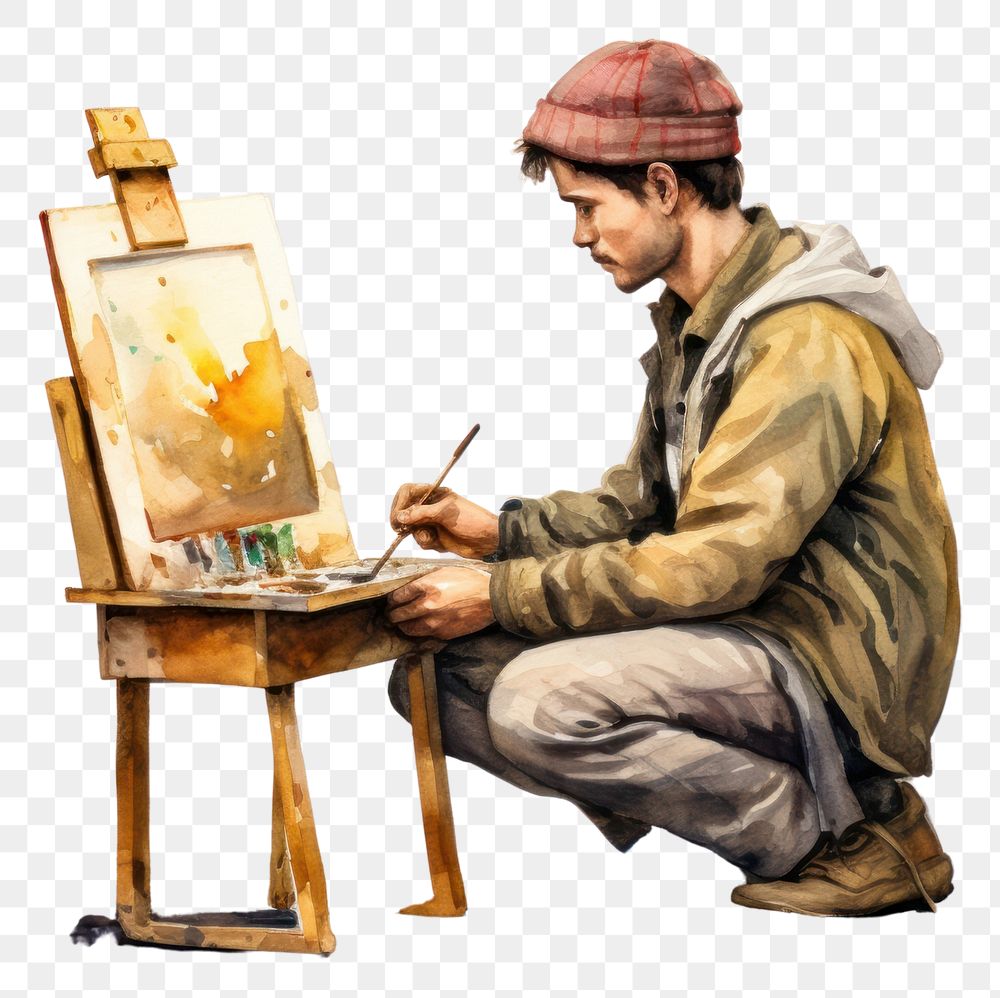 PNG Painting sitting painter canvas. 