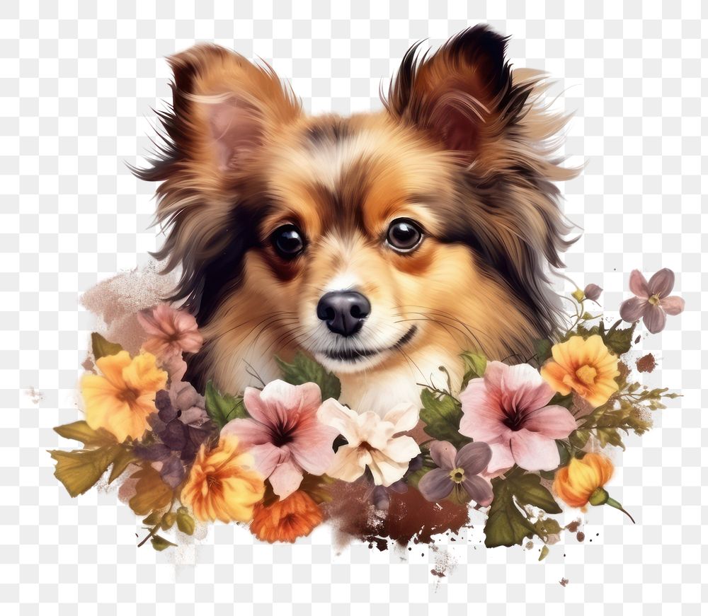 PNG Flower dog papillon mammal. AI generated Image by rawpixel.