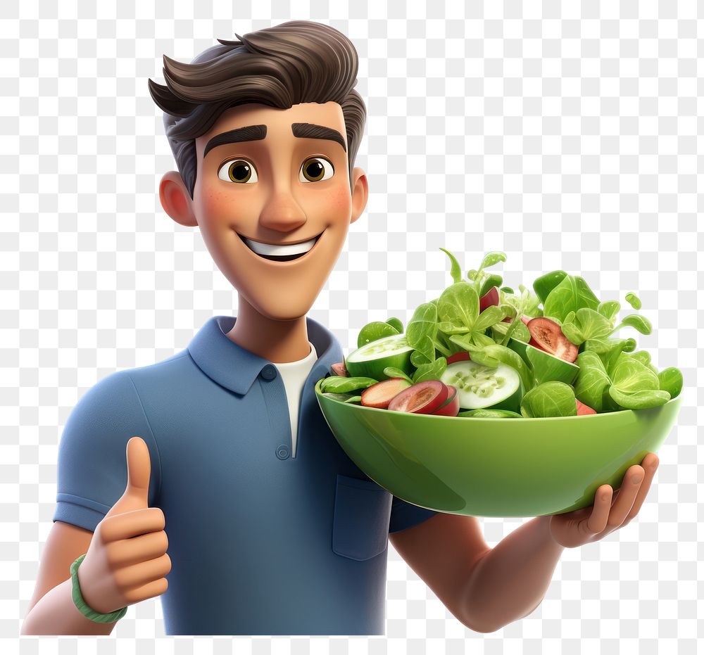 PNG Smiling holding cartoon salad. 