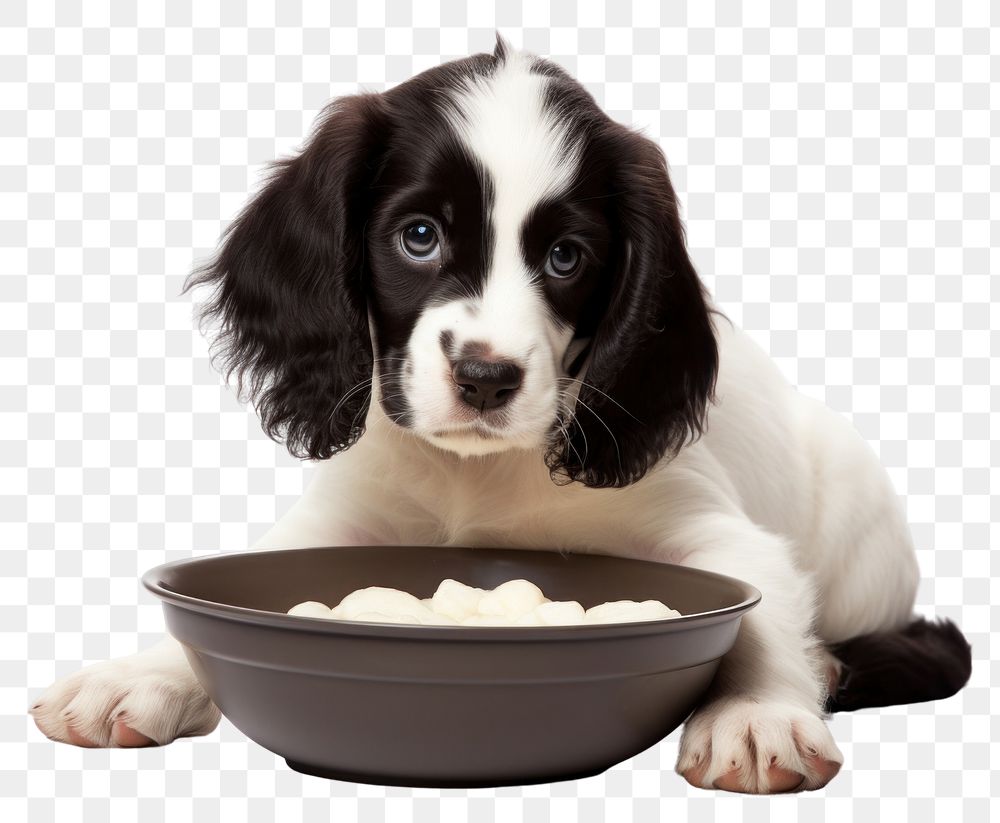 PNG  Spaniel puppy bowl animal. AI generated Image by rawpixel.