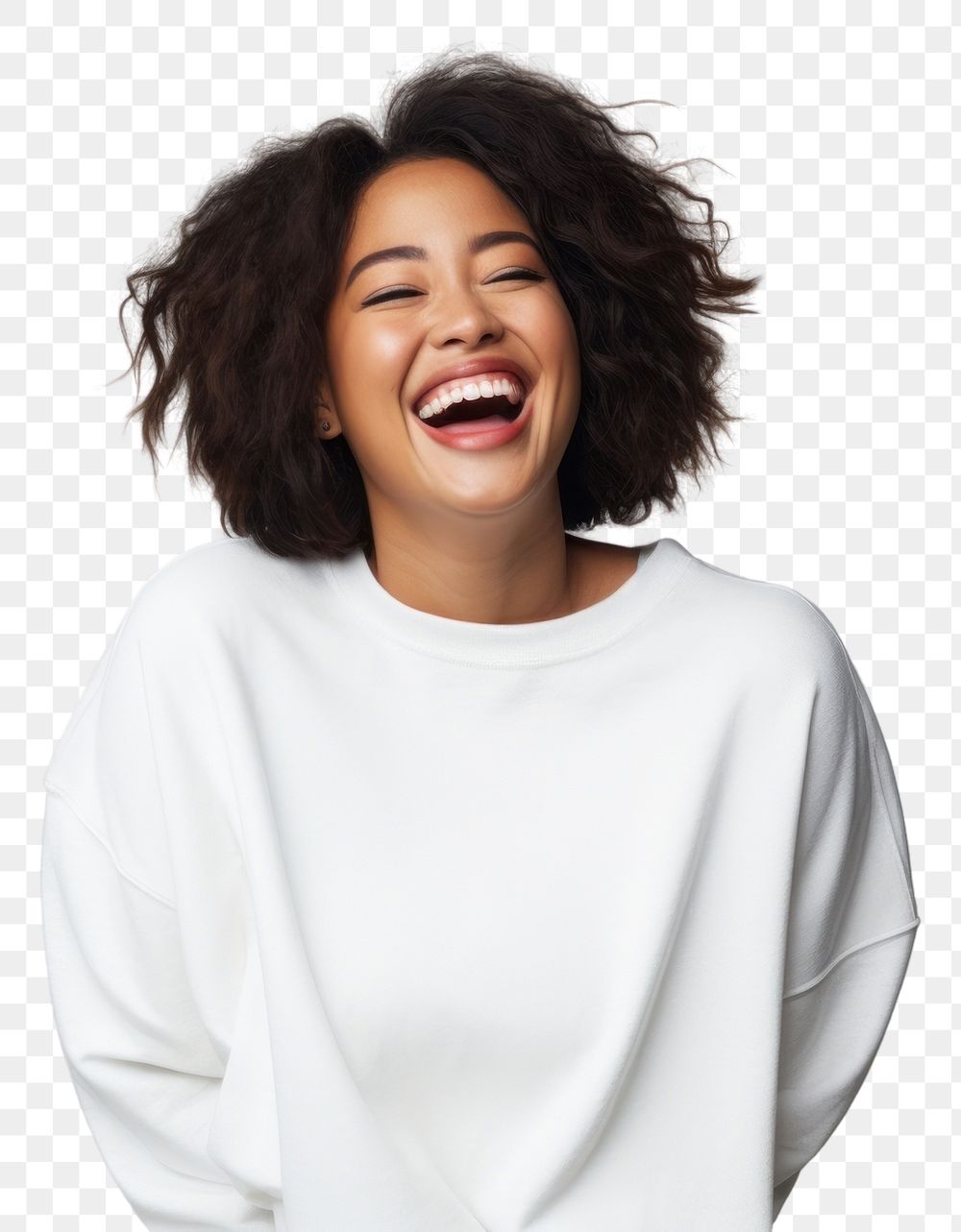 PNG Laughing sweater adult white. AI generated Image by rawpixel.
