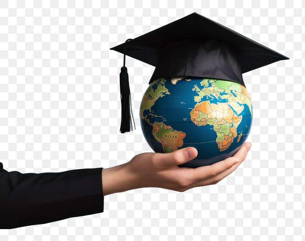 PNG Graduation globe holding planet. 