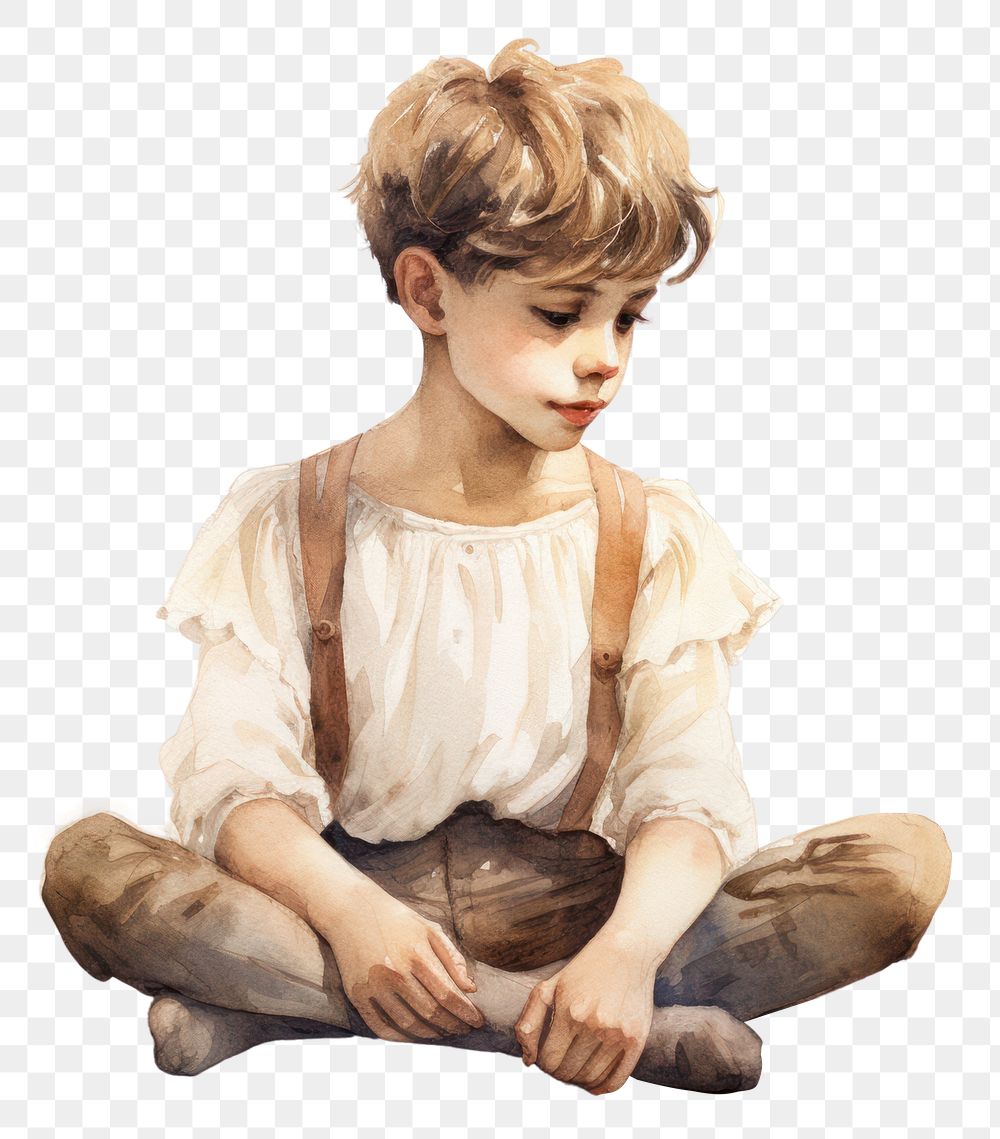 PNG Painting portrait sitting kid. AI generated Image by rawpixel.