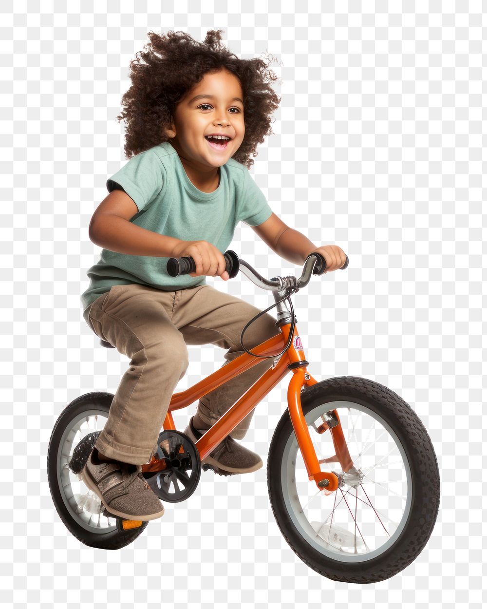 PNG photo of happy indian kid riding bicycle, fullbody, isolated on transparent background --ar 3:2