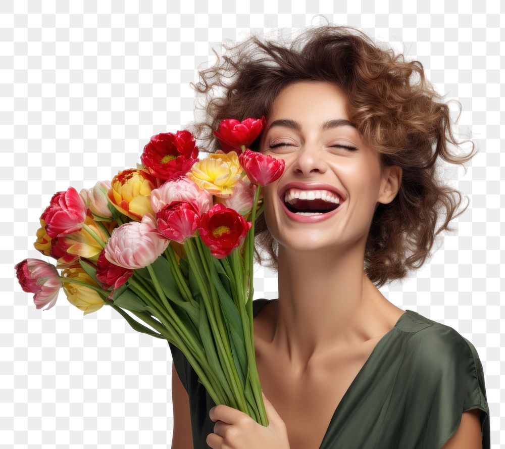 PNG Tulip bouquet laughing holding smile. AI generated Image by rawpixel.