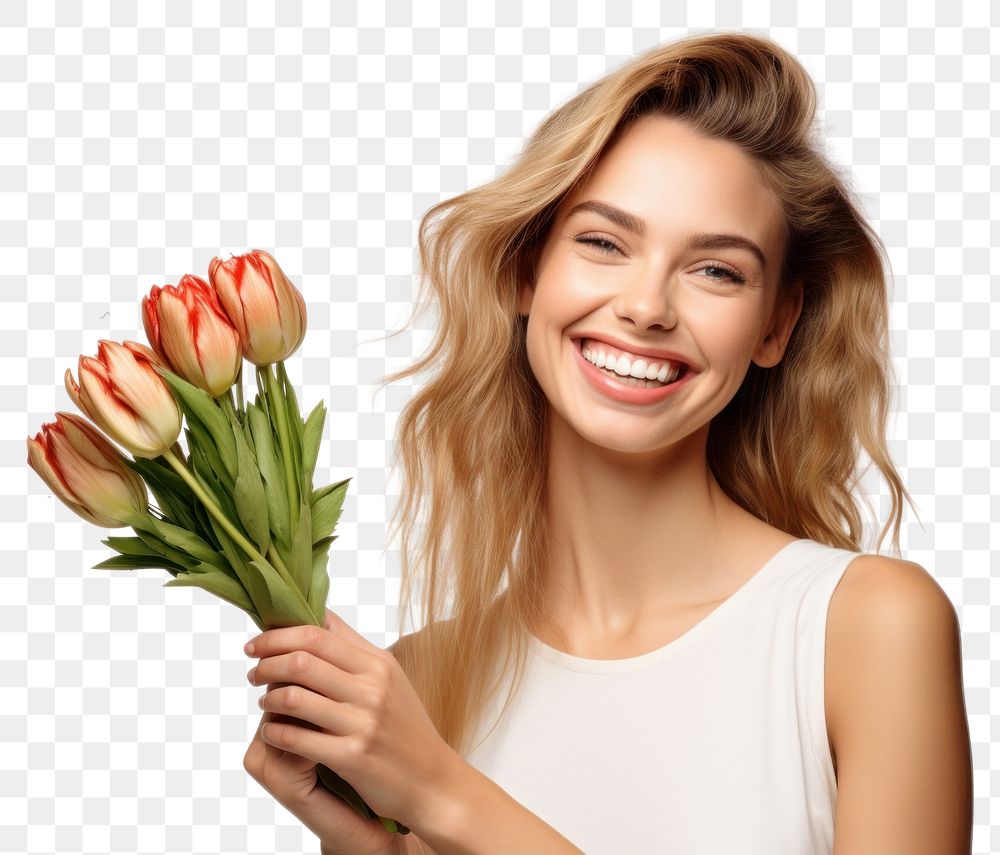 PNG Tulip bouquet smile photography portrait. AI generated Image by rawpixel.