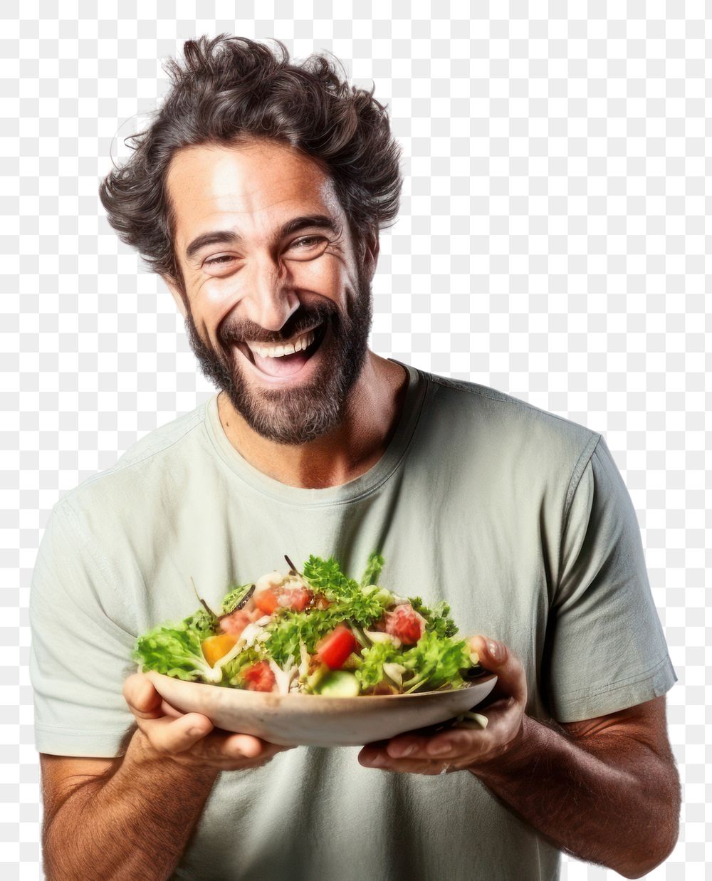 PNG  Laughing eating adult salad. AI generated Image by rawpixel.
