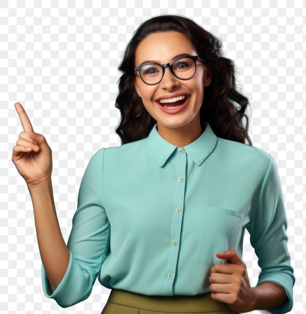 PNG Glasses blouse finger smile. AI generated Image by rawpixel.