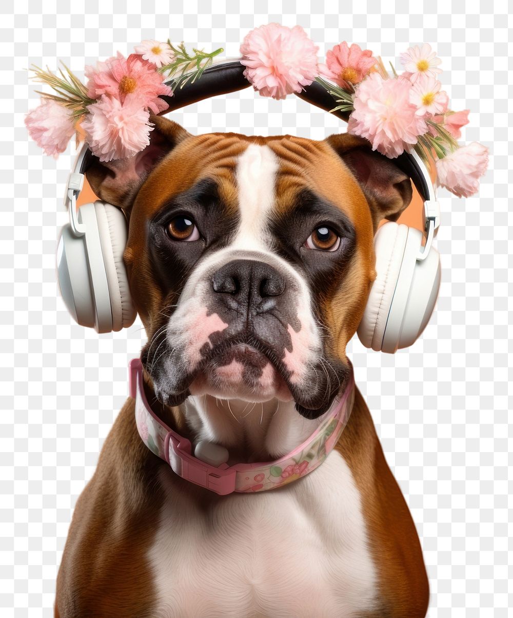 PNG Flower boxer dog headphones. AI generated Image by rawpixel.