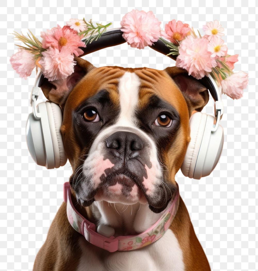 PNG Headphones flower boxer dog. 