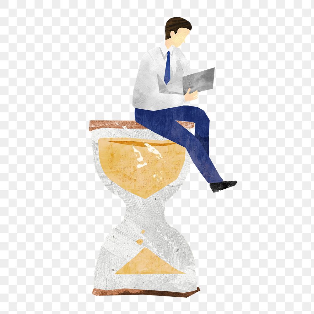 PNG Man sitting on hourglass, business paper collage art, transparent background