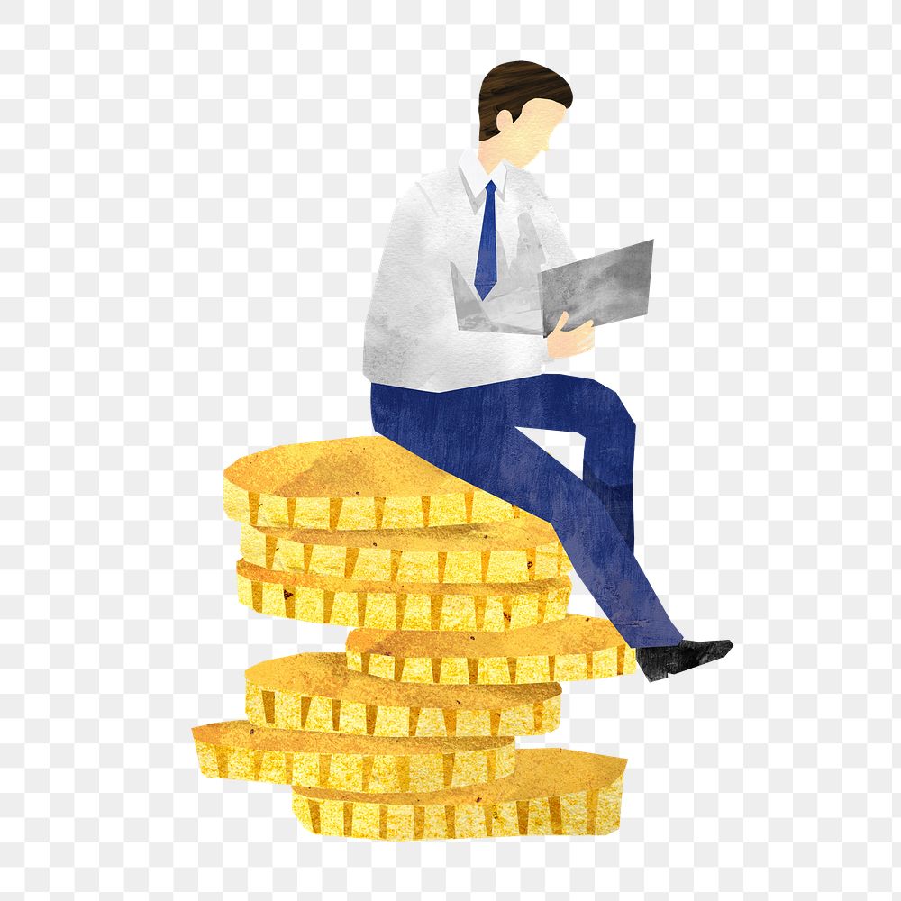 PNG Businessman sitting on coins, finance paper craft collage, transparent background