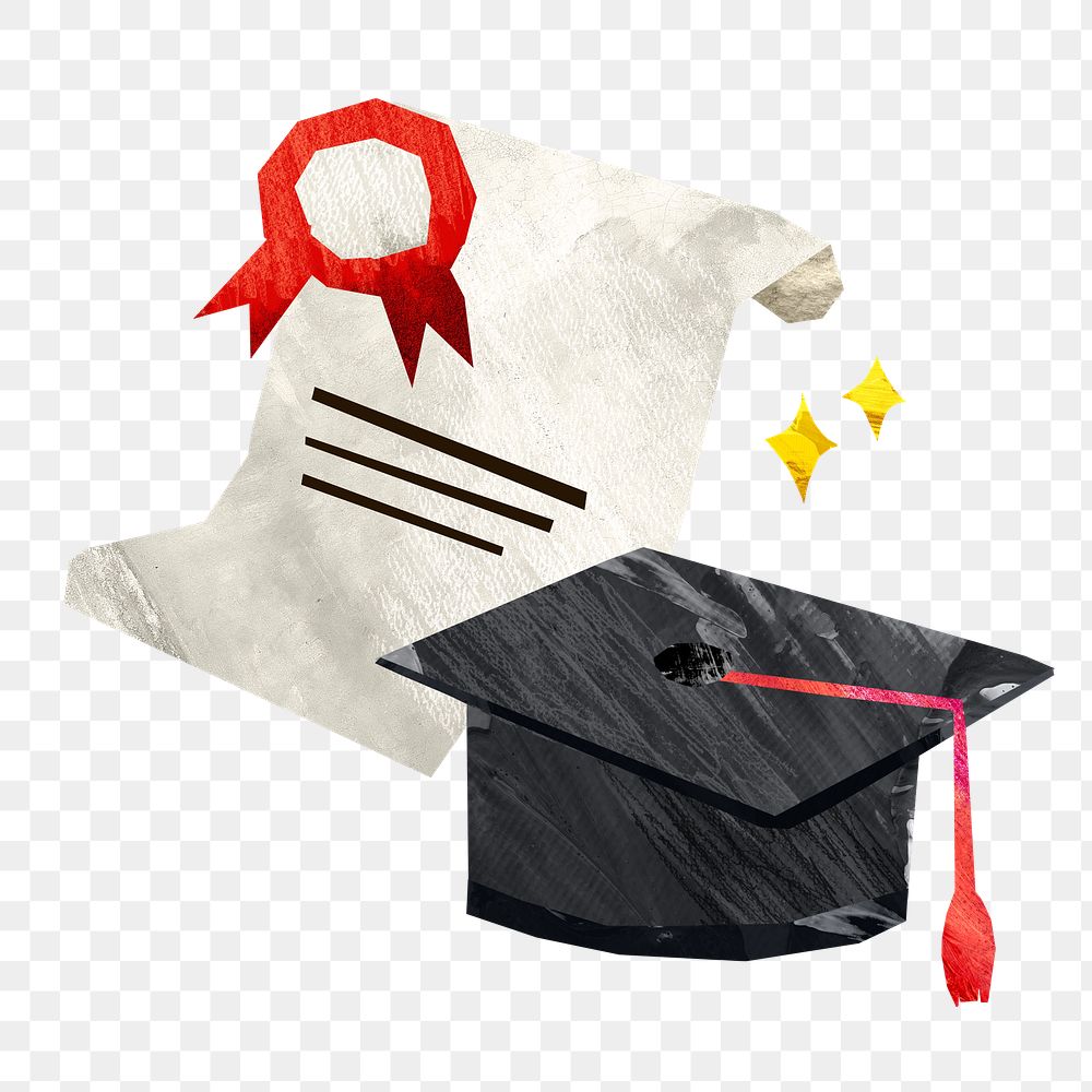 Graduation cap png, education paper craft collage, transparent background
