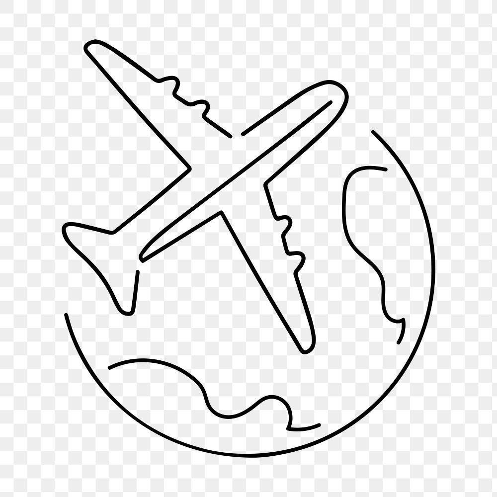 Airplane flying global png, minimal line art illustration, transparent background