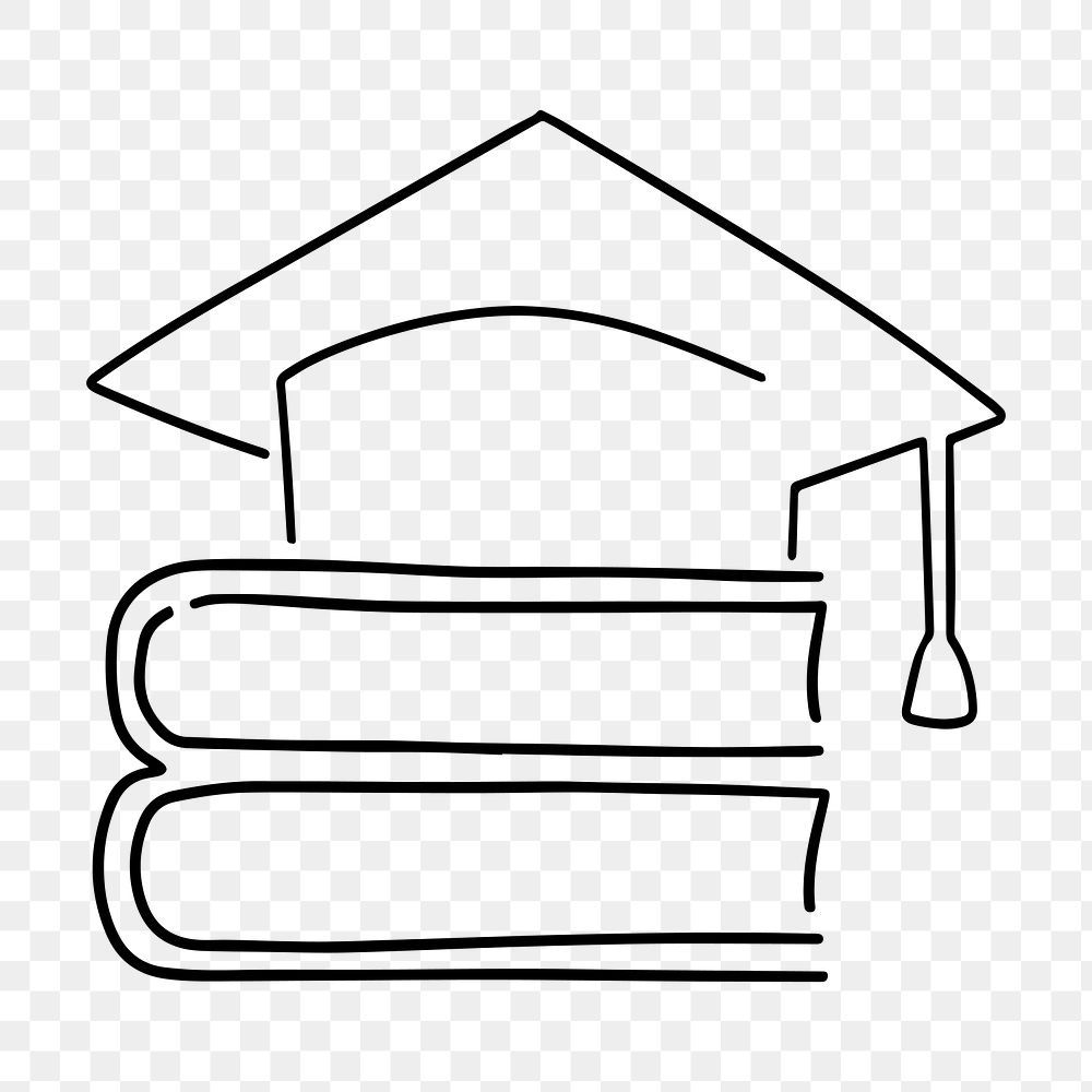 Graduation cap books png, minimal line art illustration, transparent background