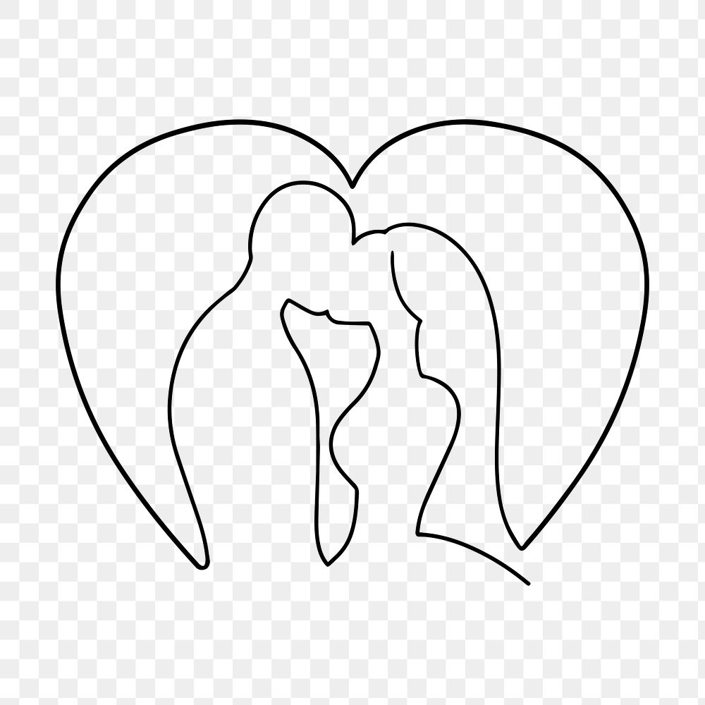 Kissing couple heart png, minimal line art illustration, transparent background
