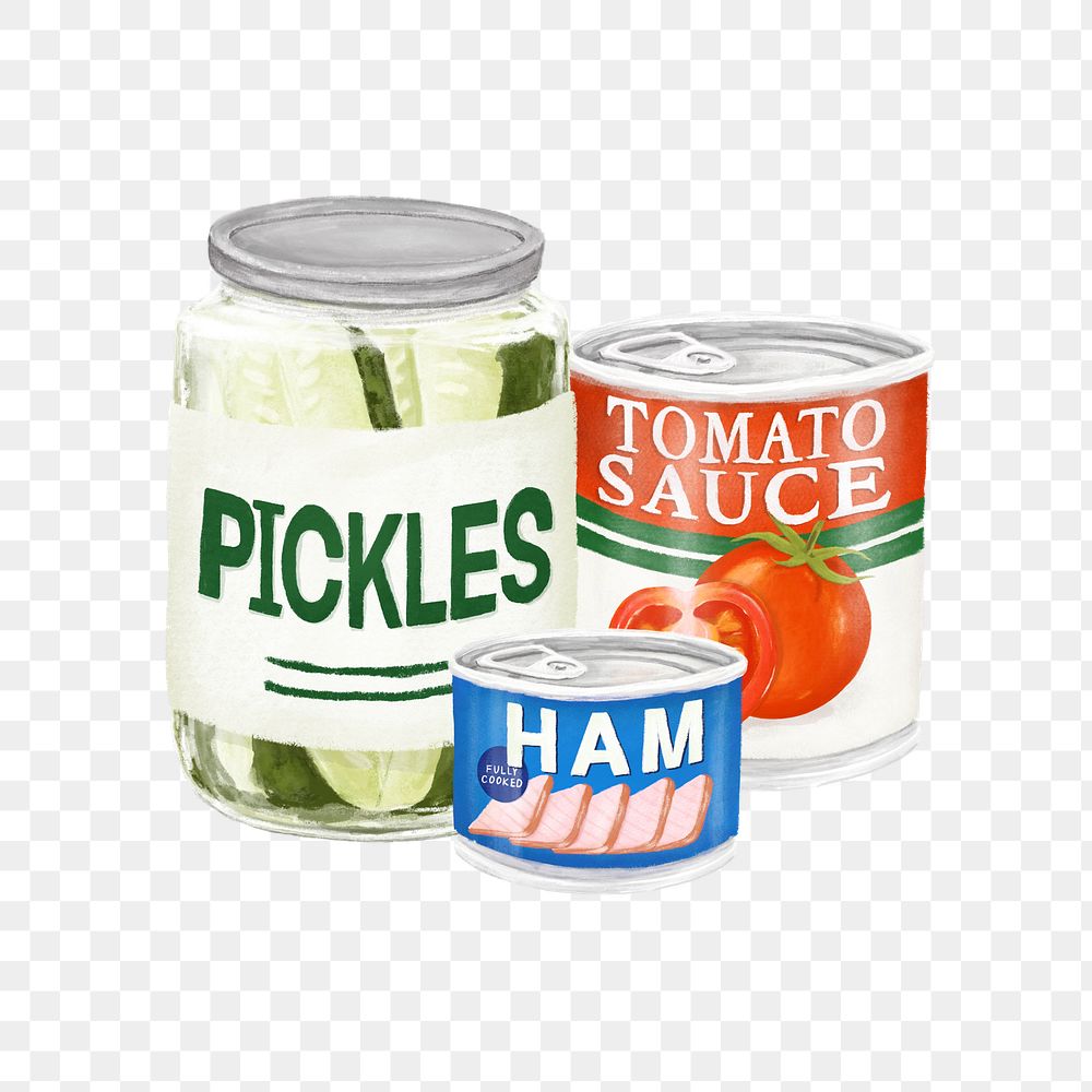 PNG Canned food, pickles, ham, tomato sauce illustration, transparent background