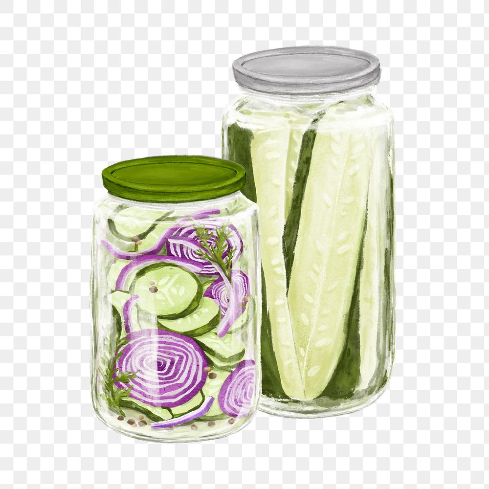 PNG Jar of pickles & onions, vegetable food illustration, transparent background