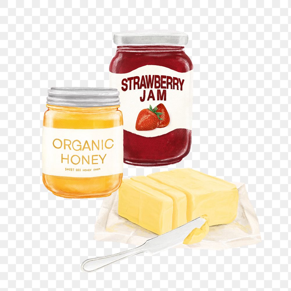 PNG Strawberry jam & honey, butter spread illustration, transparent background