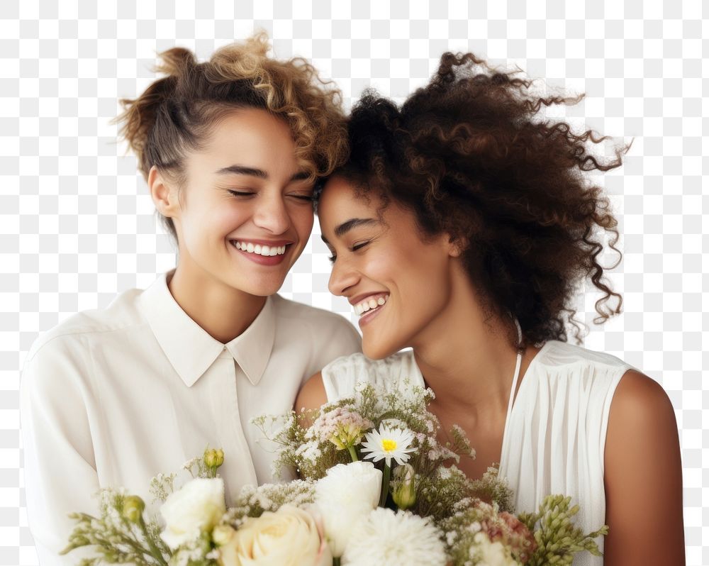 PNG  Romantic gay lesbian couple wedding laughing portrait. AI generated Image by rawpixel.