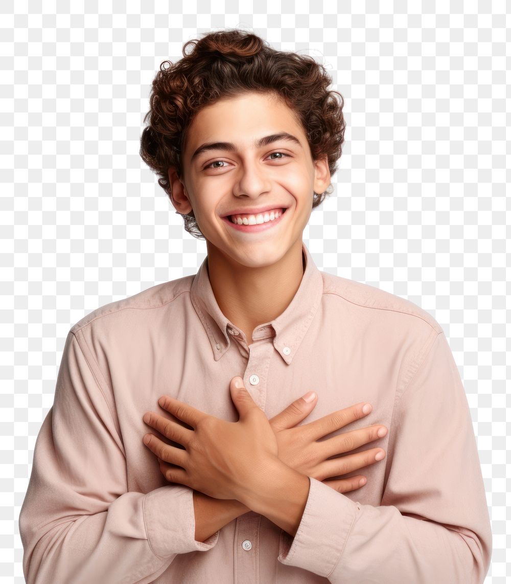 PNG Young smile guy hands touch chest heart thankful grateful hairstyle happiness portrait. AI generated Image by rawpixel.