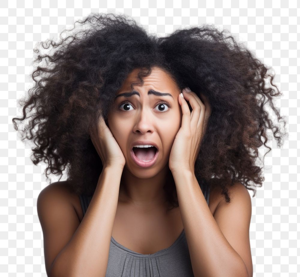 PNG Black girl getting frightened adult white background frustration. AI generated Image by rawpixel.