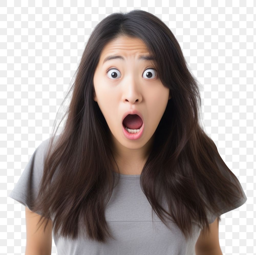 PNG Asian girl getting frightened adult white background frustration. AI generated Image by rawpixel.