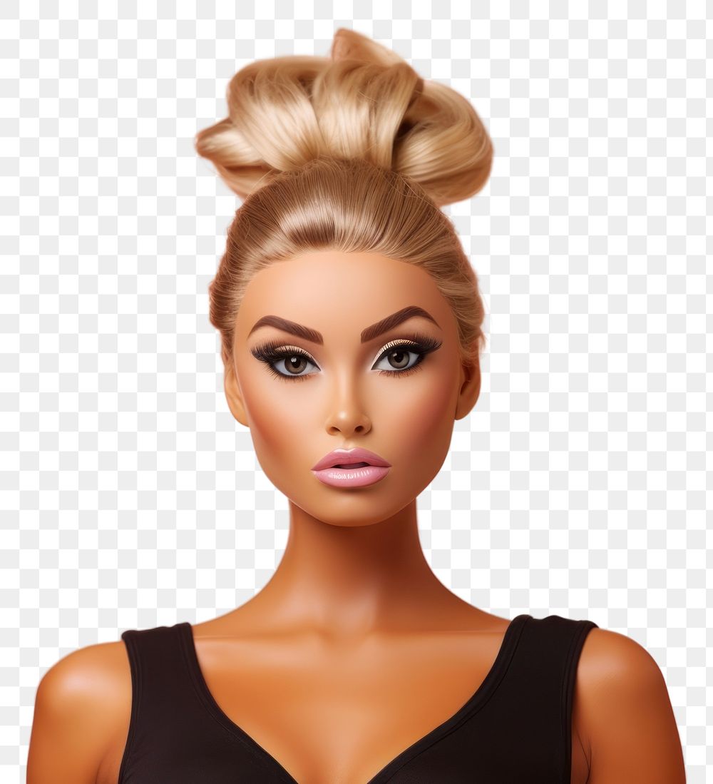 PNG Tanned skin female rubber doll portrait adult hair. AI generated Image by rawpixel.