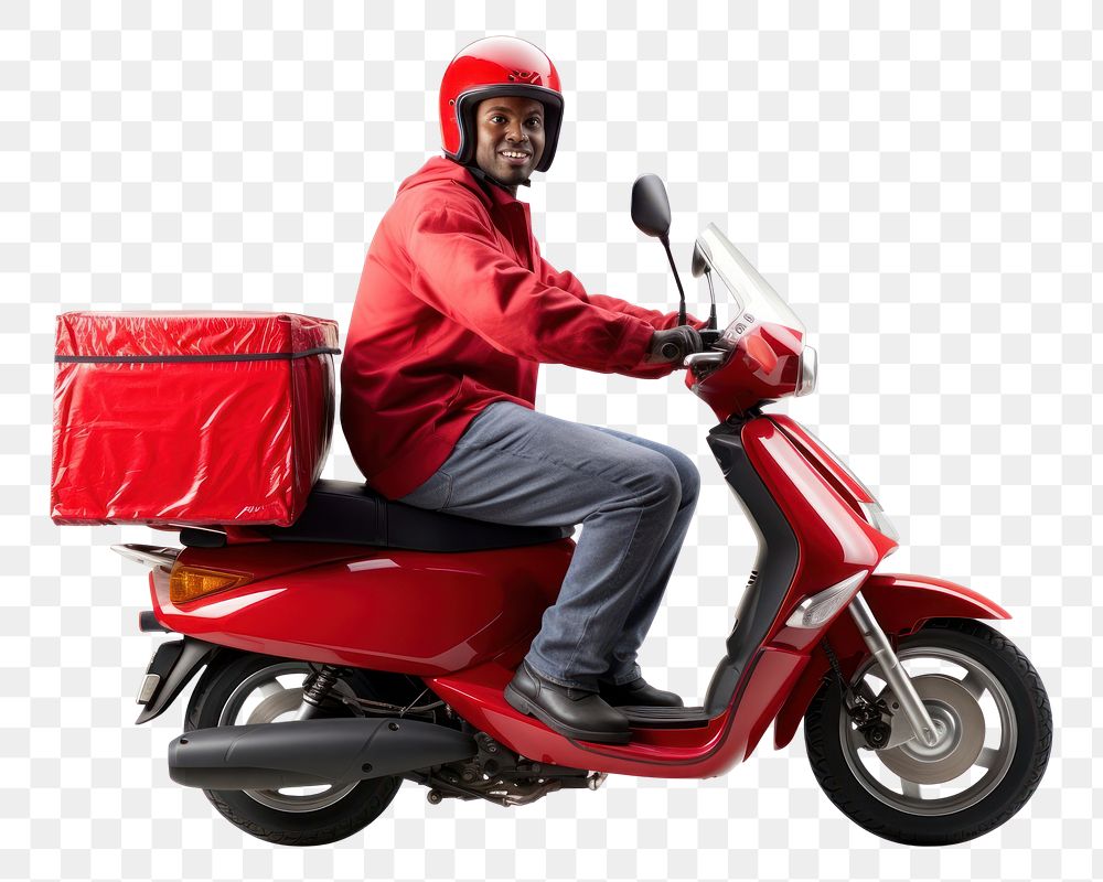 PNG Black man riding a delivery motorcycle vehicle scooter helmet. 