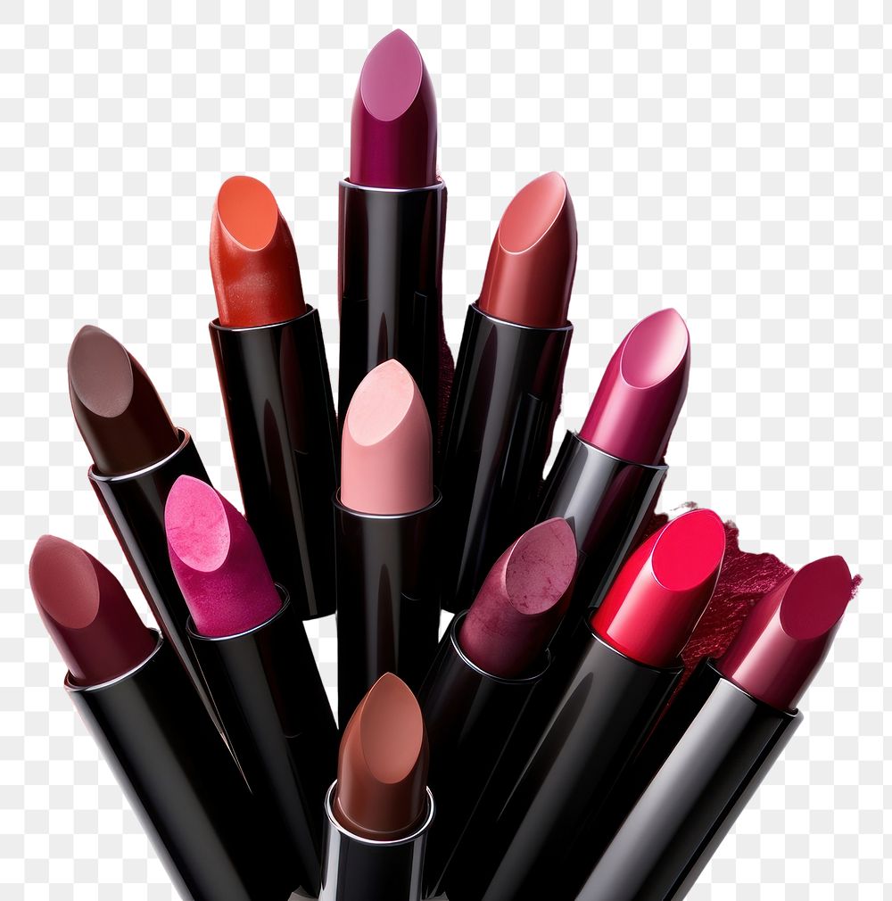 PNG Lipsticks cosmetics white background arrangement. 