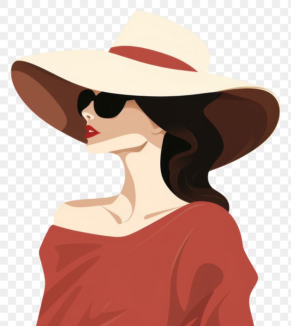 PNG Woman wearing big fashionable hat sunglasses hairstyle headwear. AI generated Image by rawpixel.
