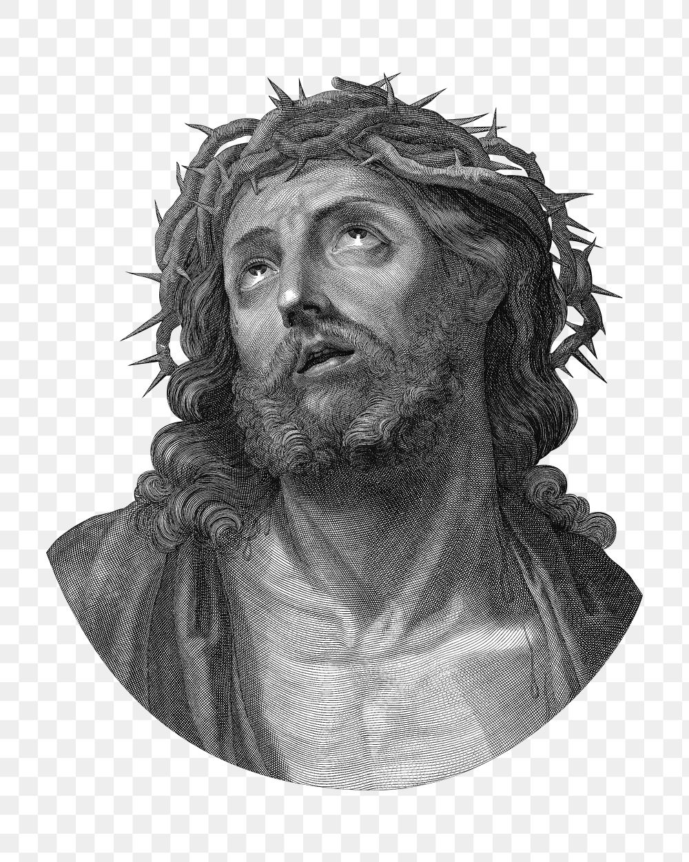 PNG Head of Christ looking up with crown of thorns, vintage Jesus Christ illustration by After Guido Reni, transparent…