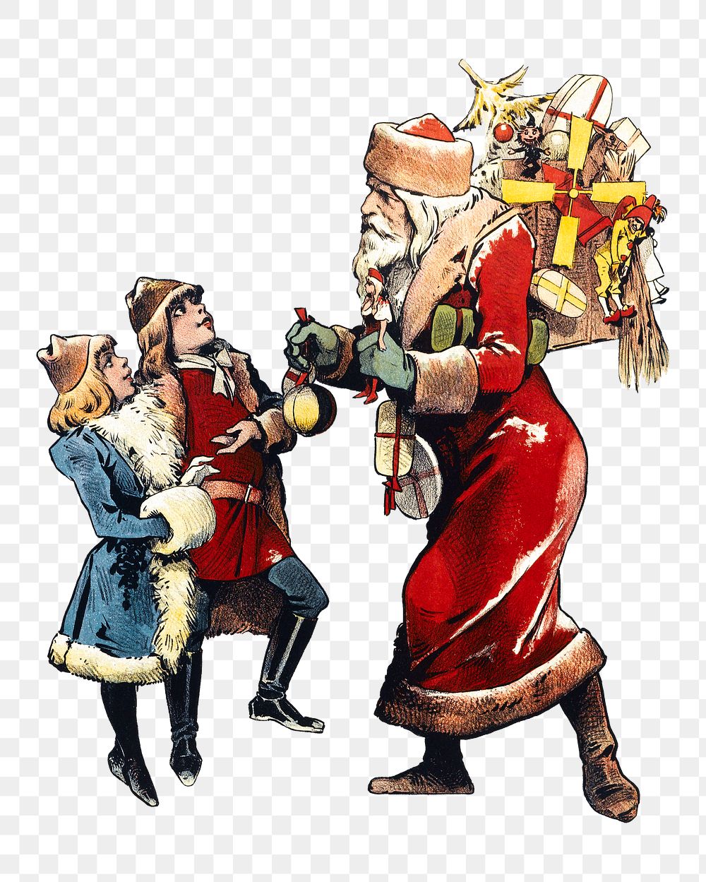 PNG Santa Claus and two children, vintage Christmas illustration, transparent background. Remixed by rawpixel.