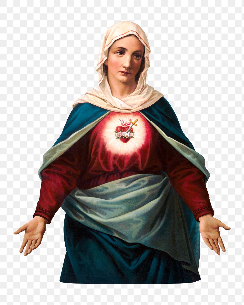 PNG Virgin Mary with heart emblem on chest, vintage religious illustration, transparent background. Remixed by rawpixel.