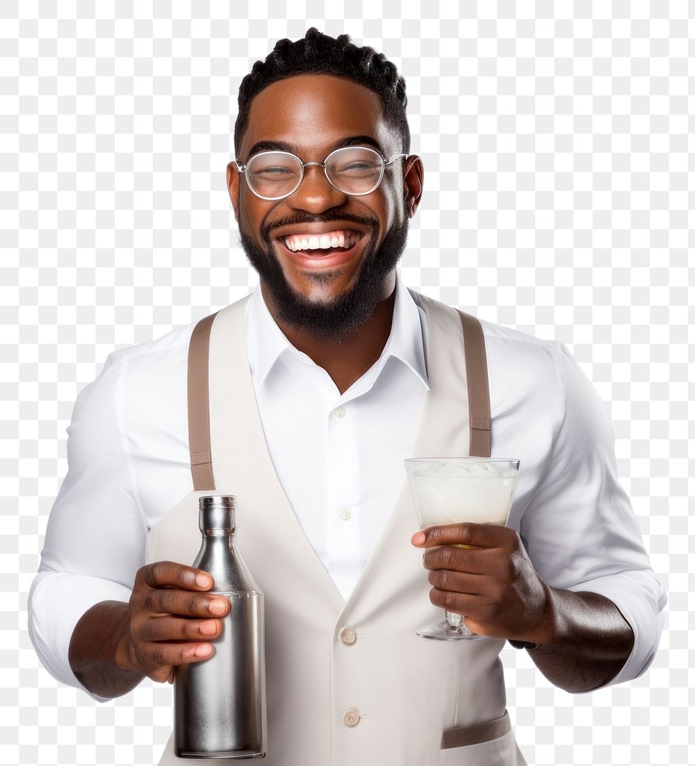 PNG Happy smiling african american barman laughing glasses adult. AI generated Image by rawpixel.