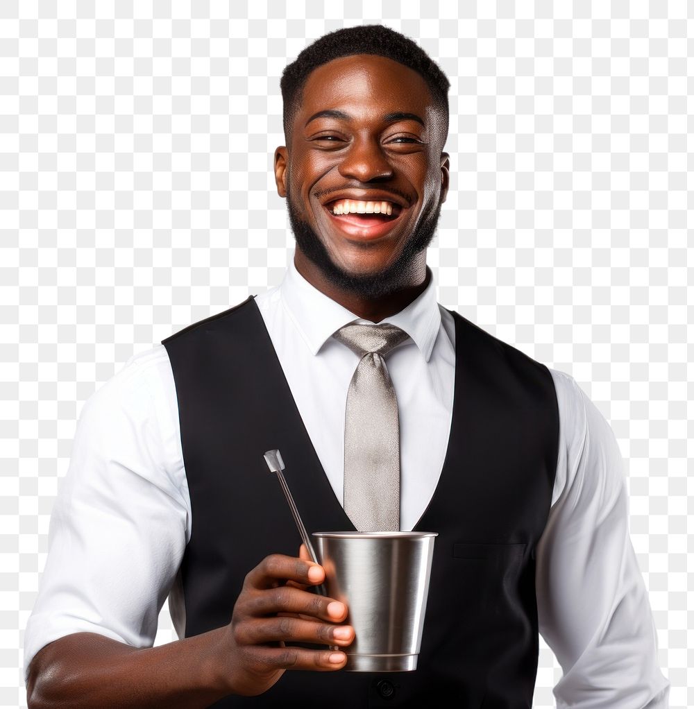 PNG Happy smiling african american barman adult white background refreshment. AI generated Image by rawpixel.