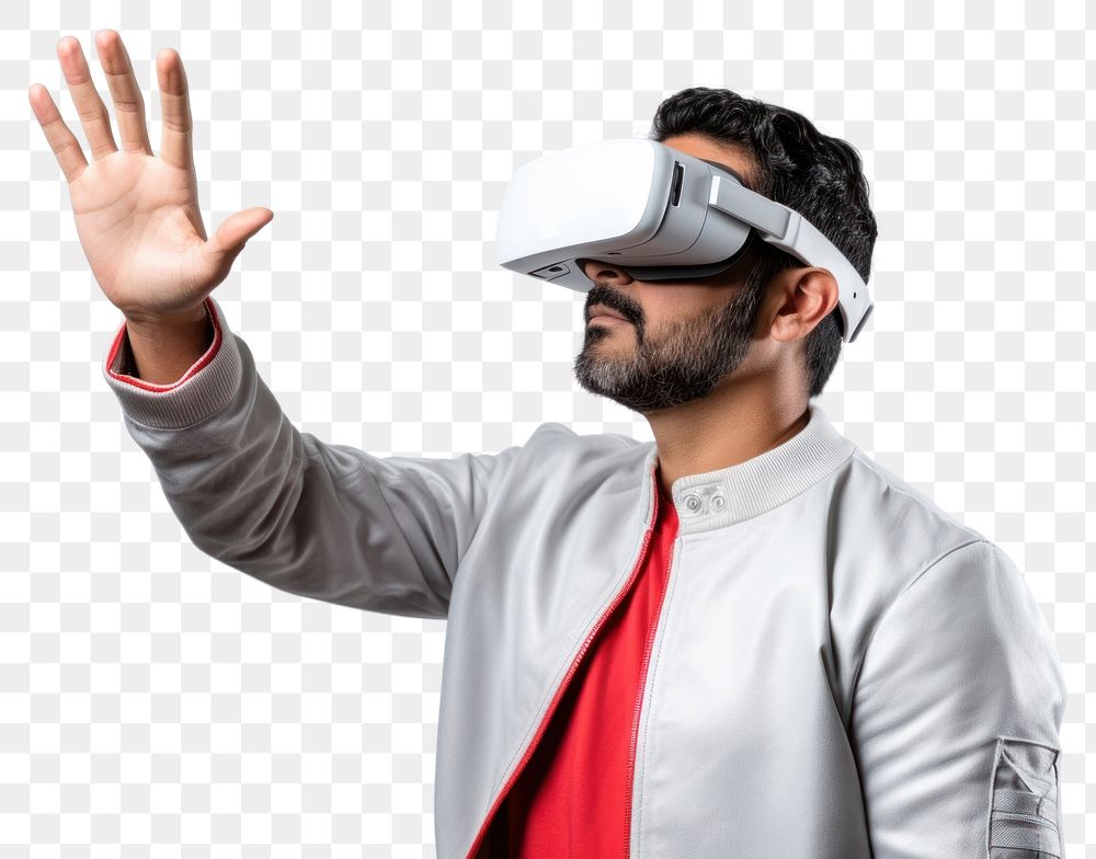 PNG VR goggles technology triumphant gesturing. 