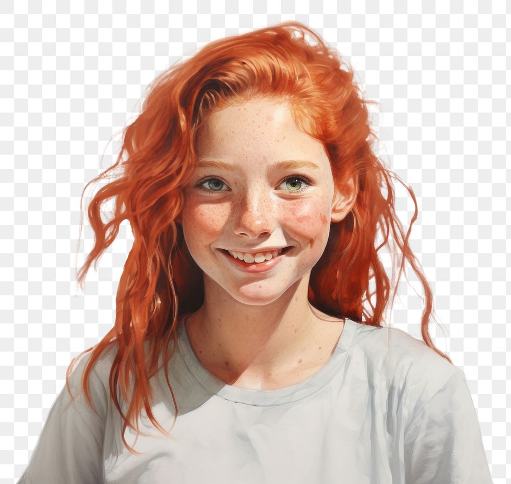 PNG Freckles girl portrait smiling drawing. AI generated Image by rawpixel.