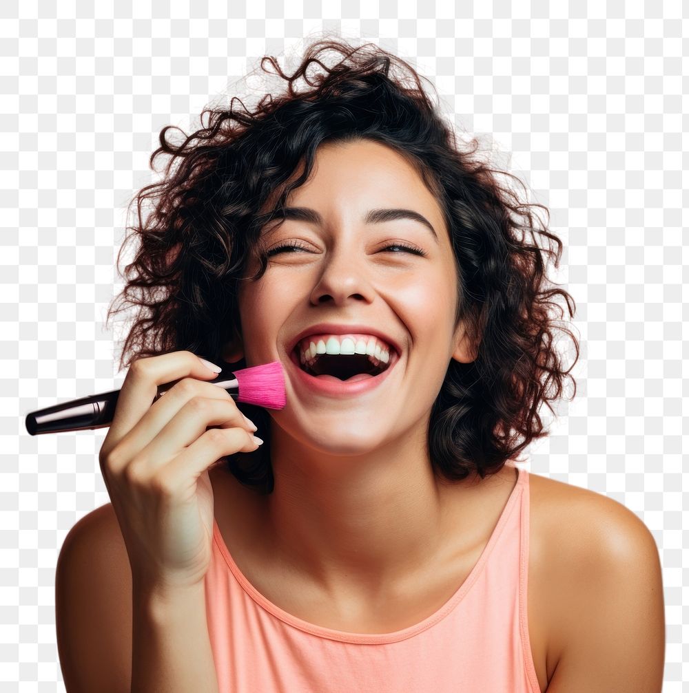 PNG Woman applying mascara laughing happy microphone. AI generated Image by rawpixel.