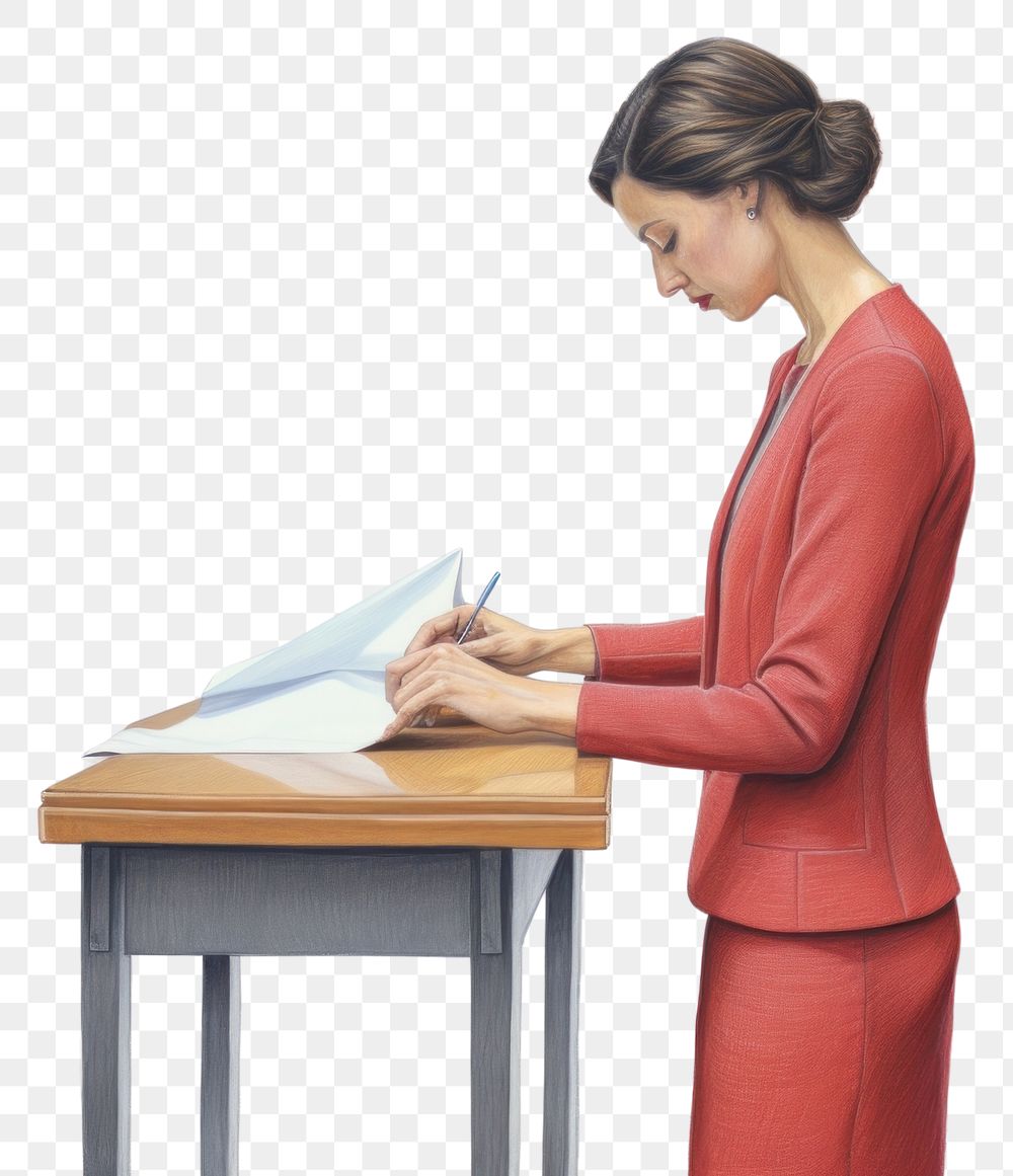 PNG Woman placing ballot furniture standing table. AI generated Image by rawpixel.