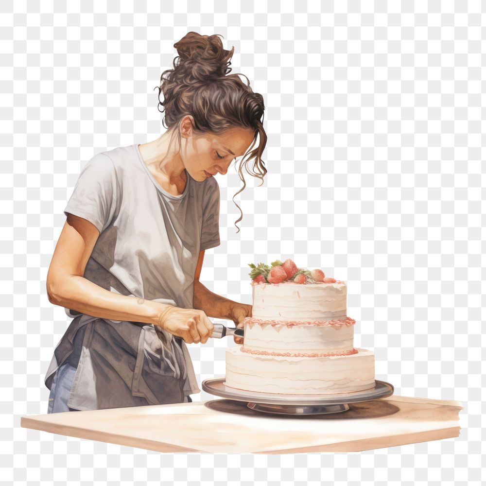 PNG Woman baking a cake dessert food white background. AI generated Image by rawpixel.