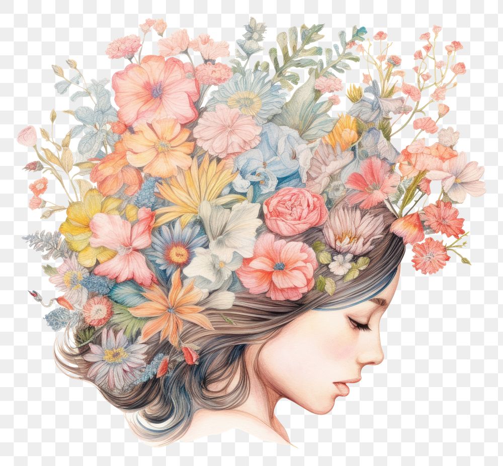 PNG Flower garden inside female head drawing portrait painting. AI generated Image by rawpixel.