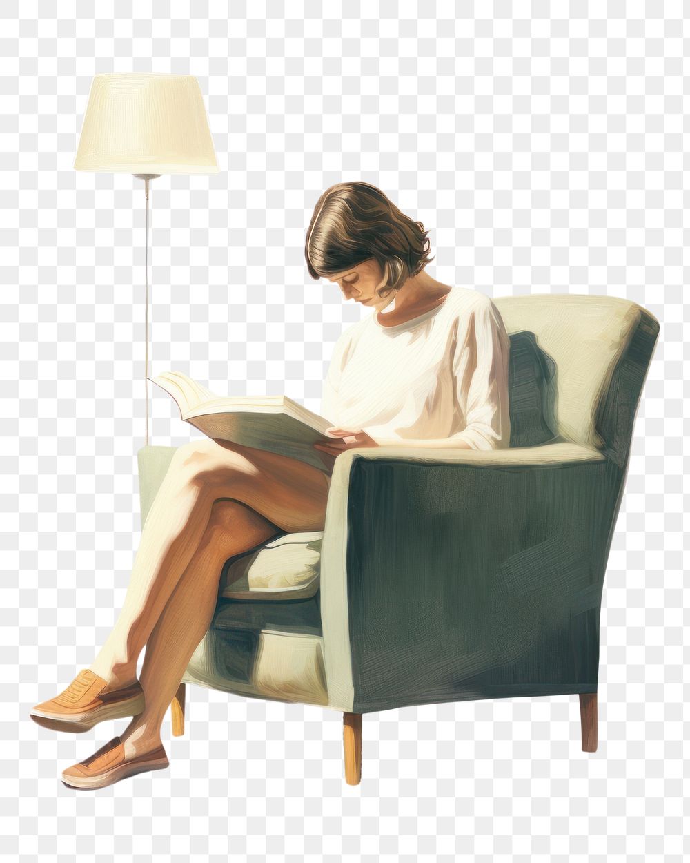 PNG Woman reading a book chair furniture armchair. AI generated Image by rawpixel.