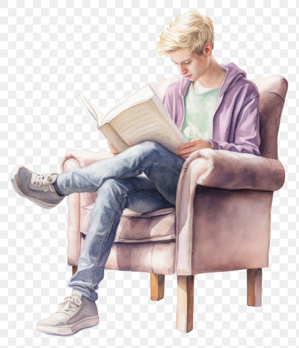 PNG Teenage reading a book chair publication furniture. AI generated Image by rawpixel.