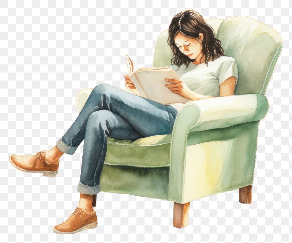 PNG Reading a book chair furniture armchair. AI generated Image by rawpixel.